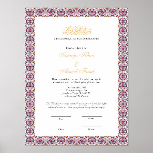 affiche du certificat nikkah (Devant)