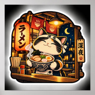 Affiche du chat de la nuit des ramen Art rétro j
