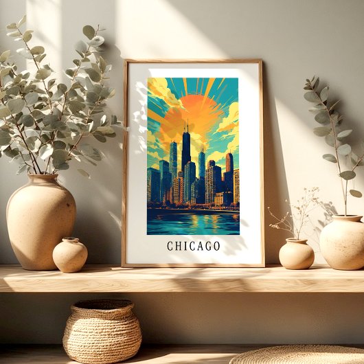 Affiche du coucher de soleil sur la skyline de Chi