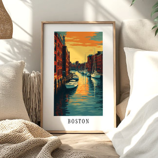 Affiche du coucher de soleil sur le port de Boston