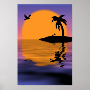 Affiche du coucher de soleil sur l'île tropicale