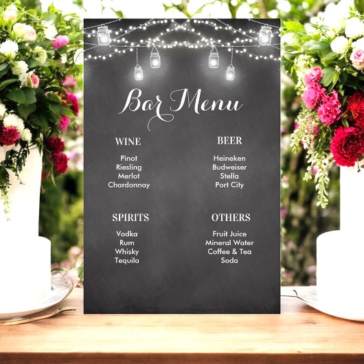 Affiche du menu du bar de mariage rustique noir et