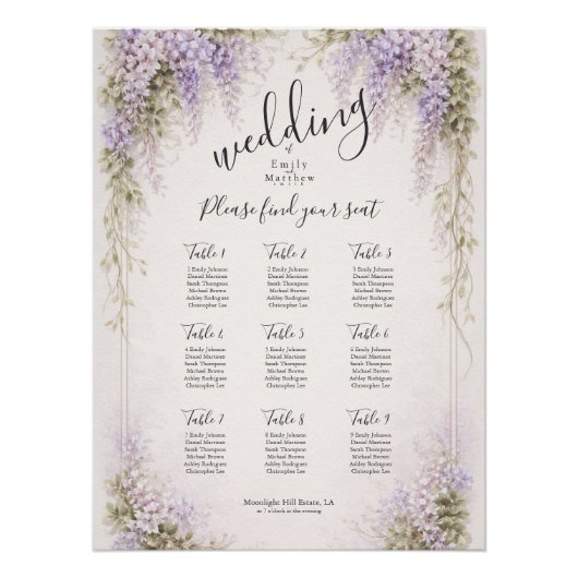Affiche du plan de table de mariage aux glycines d (Devant)