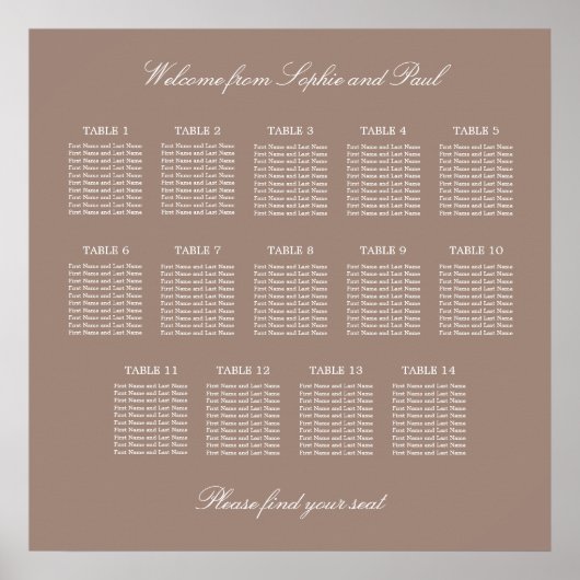 Affiche du plan de table de mariage Taupe 14 (Devant)