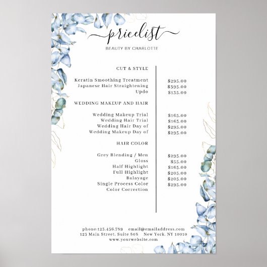 Affiche du tarif du salon Blue Eucalyptus (Devant)