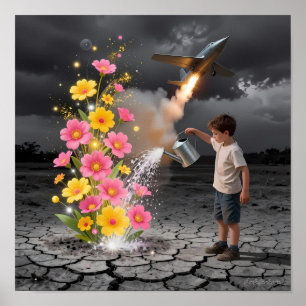 Affiche d'un enfant arrosant des fleurs dans des t