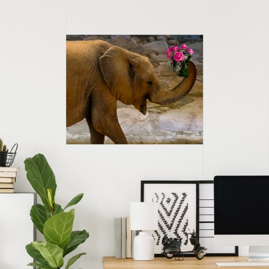 Affiche Elephant avec Rose (Bureau à domicile)