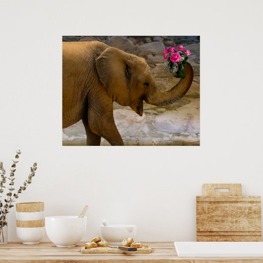 Affiche Elephant avec Rose (Cuisine)