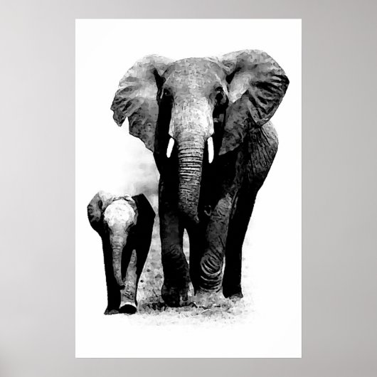 Affiche éléphant & bébé éléphant en noir et blanc (Devant)