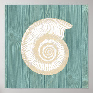 Affiche en bois de plage d'Aqua vintage de Shell