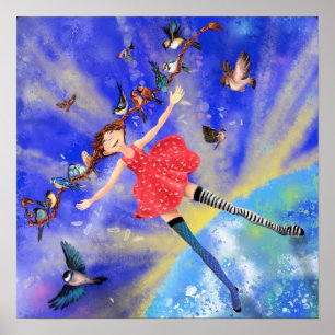 Affiche Fille Heureuse avec Oiseaux Bonheur