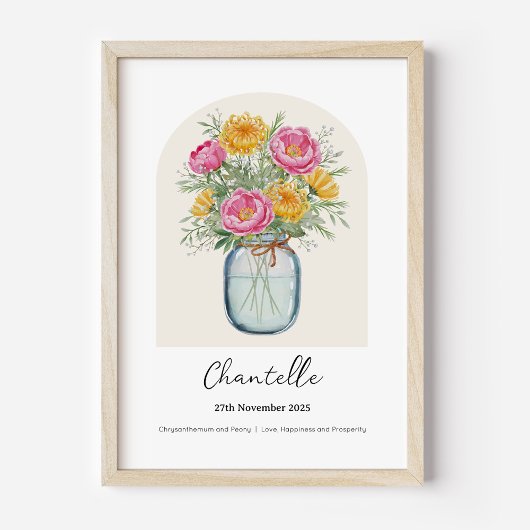 Affiche Fleur de Naissance Mois Chrysanthème Pivoi