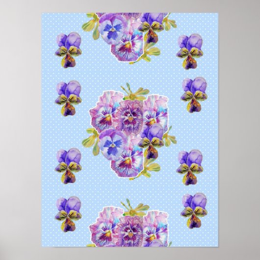 Affiche Fleur de Pensée point bleu Shabby Chic (Devant)