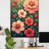 Affiche Fleurs Vintage Feuilles et Fleurs Vertes (Bureau à domicile)