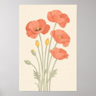 Affiche florale de Pavots Corail et Tiges de Sauge