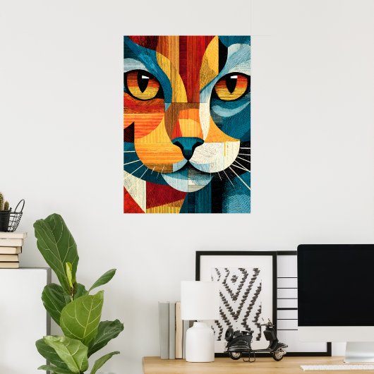 Affiche géométrique de visage de chat abstrait col (Bureau à domicile)