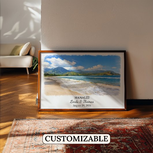 Affiche Hanalei Hawaii, Aquarelle, Sur mesure