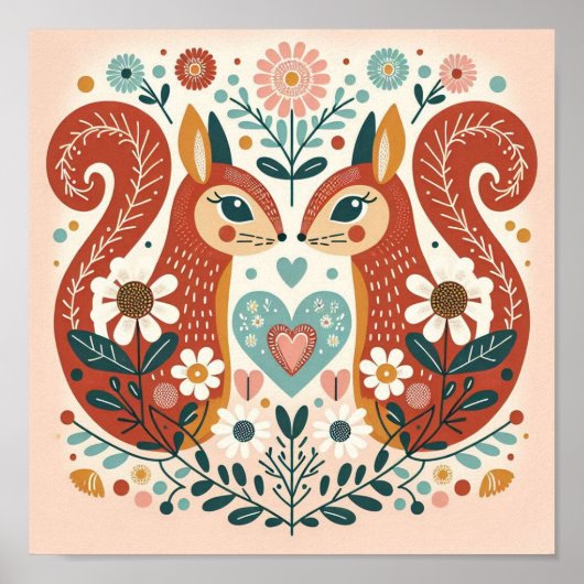 Affiche illustration folk art motif « écureuils » (Devant)