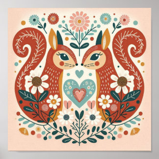 Affiche illustration folk art motif « écureuils » poster