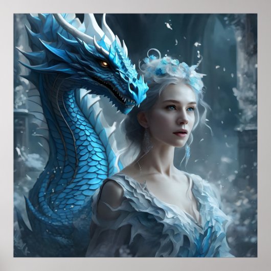 Affiche - Image IA Dragon et Fille Bleu Clair Légè (Devant)