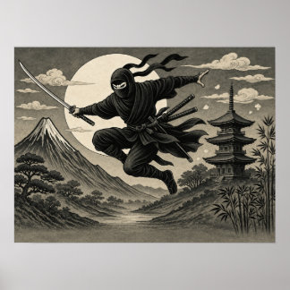 Affiche Japonaise Ninja Pleine Lune Fuji