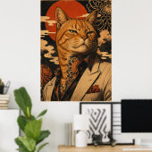 Affiche japonaise vintage Cat Samurai (Bureau à domicile)