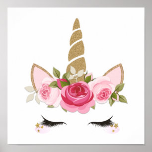 Affiche licorne dorée fleurs mignonne tendance