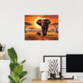 Affiche Majestic Elephant et Calf African Sunset (Bureau à domicile)