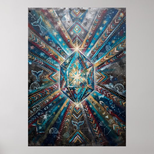 Affiche Mandala Géométrique Cristal Bleu Or (Devant)