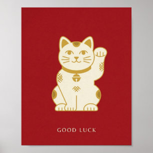 Affiche Maneki Neko, Chat Rouge Chanceux Doré Japo