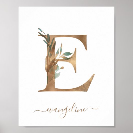 Affiche Monogramme Floral Aquarelle Lettre E Or (Devant)