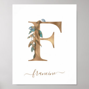 Affiche Monogramme Floral Aquarelle Lettre F Or