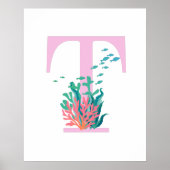 Affiche Monogramme Initiale T Rose Turquoise Océan (Devant)