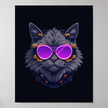 Affiche néon cyberpunk chat sorcière mecha