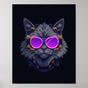 Affiche néon cyberpunk chat sorcière mecha