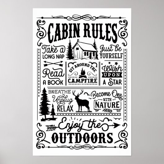 Affiche noir et blanc des règles de la cabane (Devant)
