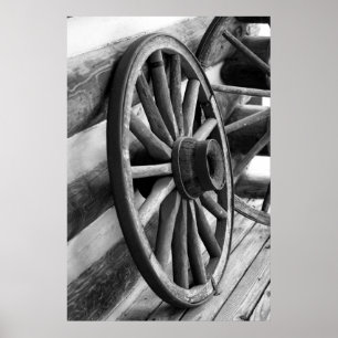 Affiche noire et blanche de roue antique
