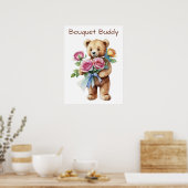 Affiche Ourson Mignon avec Bouquet de Fleurs  (Cuisine)