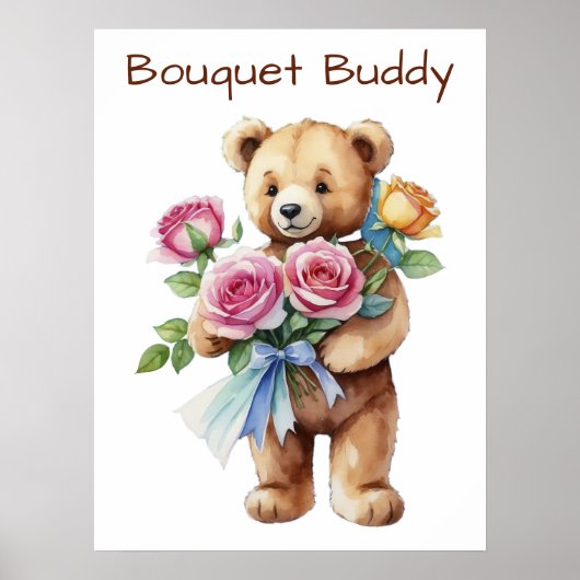 Affiche Ourson Mignon avec Bouquet de Fleurs  (Devant)