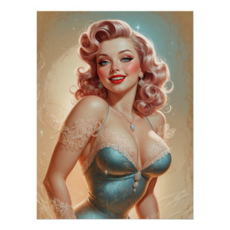 Affiche Pin-Up Blonde Glamour Robe Bleue Dentelle