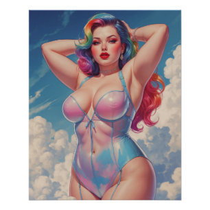 Affiche Pin-Up Cheveux Arc-en-Ciel dans les Nuages
