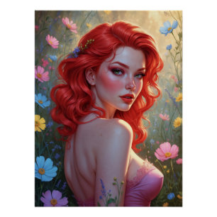 Affiche Pin-Up Rousse dans un Champ de Fleurs