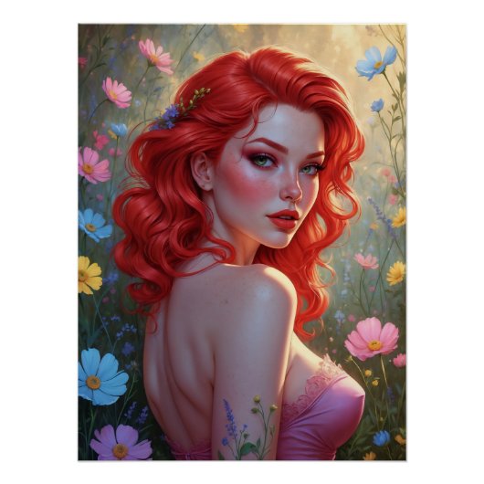 Affiche Pin-Up Rousse dans un Champ de Fleurs (Devant)