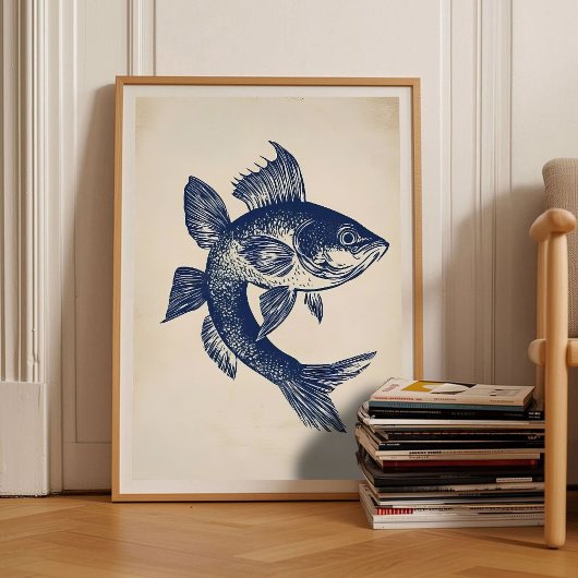Affiche Poisson Arc-en-ciel Linogravure Rétro 