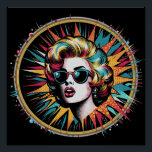 Affiche Pop Art Marilyn Glossy<br><div class="desc">Un design pop art très animé présente une femme de style rétro portant des lunettes de soleil,  entourée d'une foule de lignes colorées de style comique. L'utilisation audacieuse du cyan,  du magenta et du jaune crée une composition dynamique et énergique.</div>