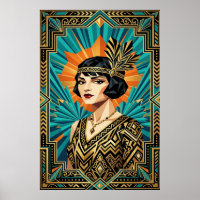 Affiche portrait de femme Flapper Art déco or sarc