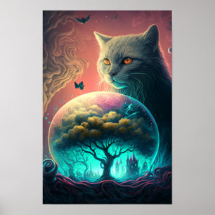 Affiche psychédélique de chat mystique Chat cosm