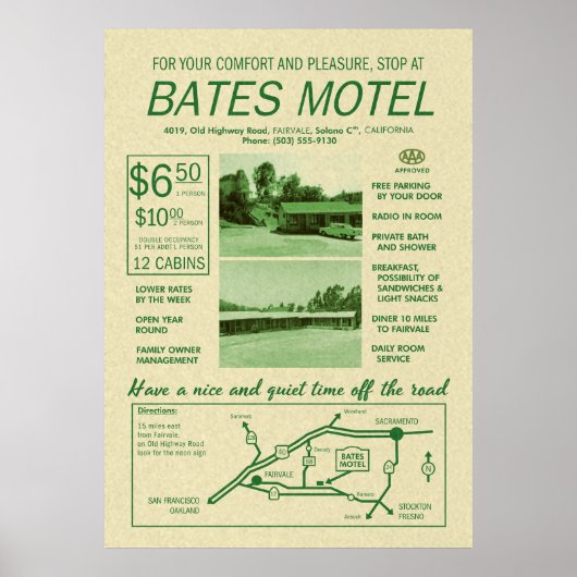Affiche publicitaire du Motel Bates (Devant)