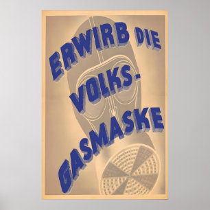 Affiche publicitaire vintage de masque à gaz allem