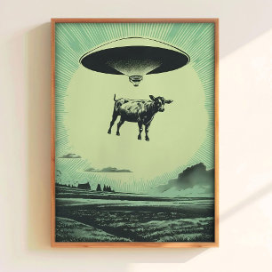 Affiche Rétro Alien Enlèvement de Vache UFO Mur Ar